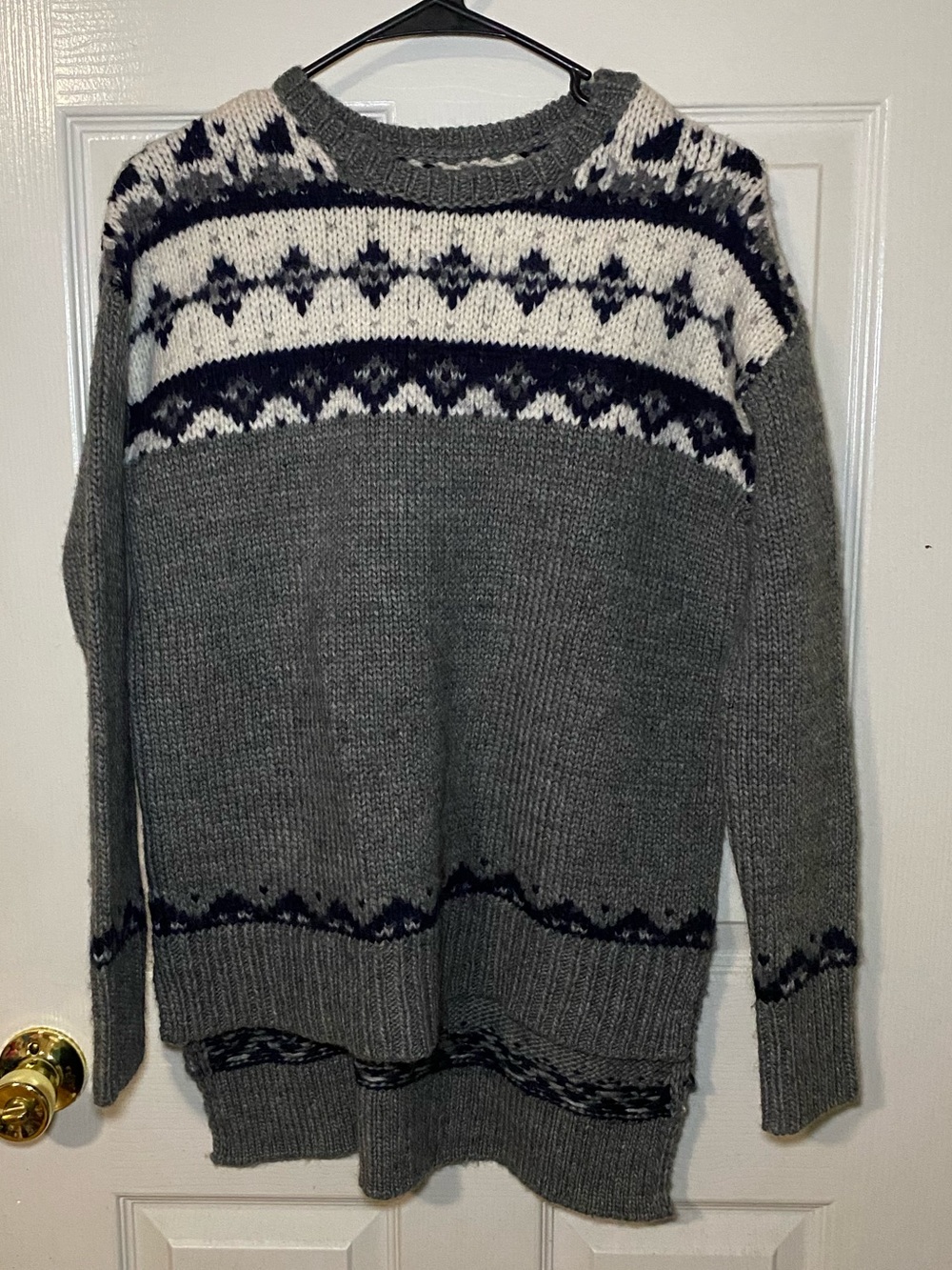LOFT Gray Crewneck Sweater with White and Navy Fair Isle Yoke